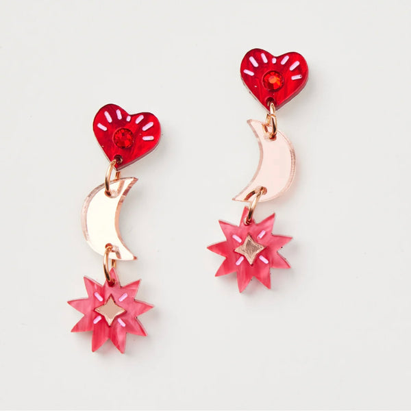 Martha Jean heart/moon /star red and pink earrings