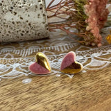 Pink & gold heart porcelain stud earrings
