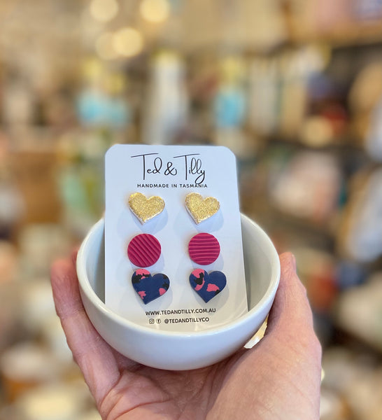 Ted & Tilly triple stud hearts and rounds earrings