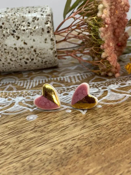 Pink & gold heart porcelain stud earrings