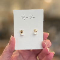 Gold mini heart and pearl studs by Tiger Tree