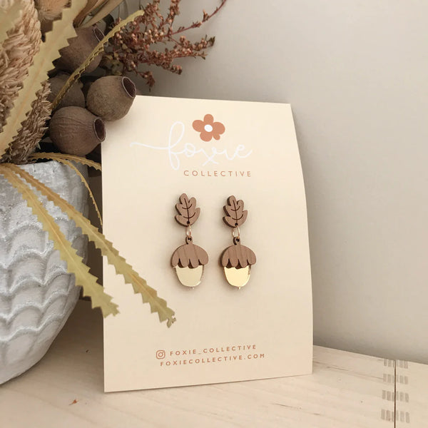 Foxie Collective acorn earrings - cherrywood & gold