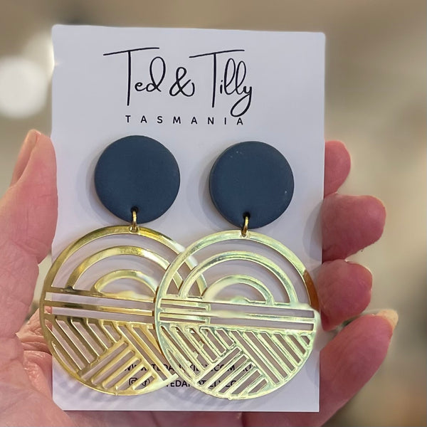 Ted & Tilly navy and gold filigree earrings