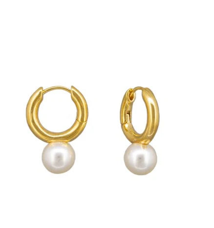 Gold pearl drop huggies by Tiger Tree