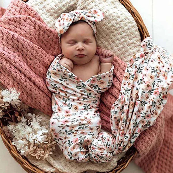 Spring floral organic jersey wrap and topknot set