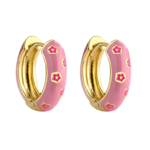 Pink enamel flower huggie earrings by Greenwood Designs
