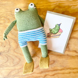 Crochet frog in board shorts by The Crocheting Constable